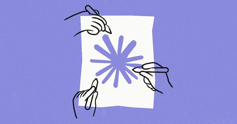 Illustration of a team collaborating around the Claude AI logo