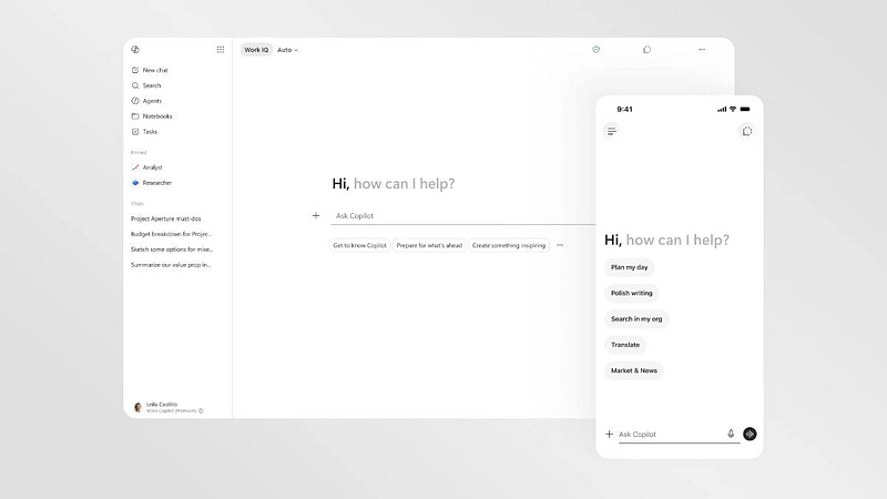 Redesigned Microsoft 365 Copilot app interface on desktop and mobile