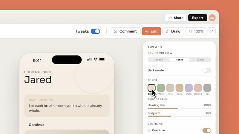 Claude Design canvas showing a mobile app prototype being created and refined with theme and typography controls